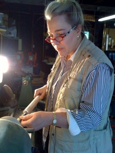 ingrid doing woodturning_May 09 practicing my woodturning skills while researching a story